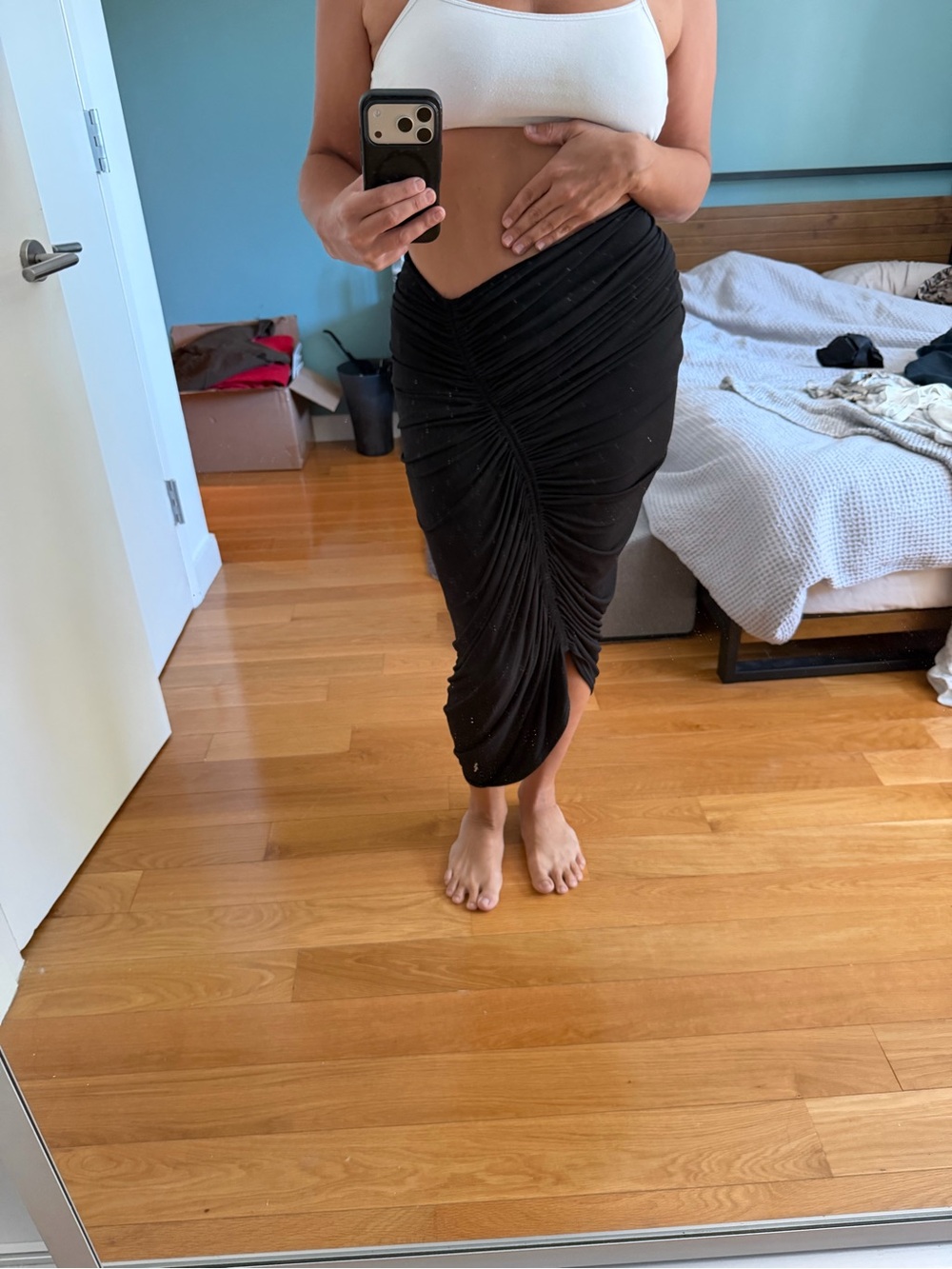 Black Ruched Midi Skirt with Front Twist